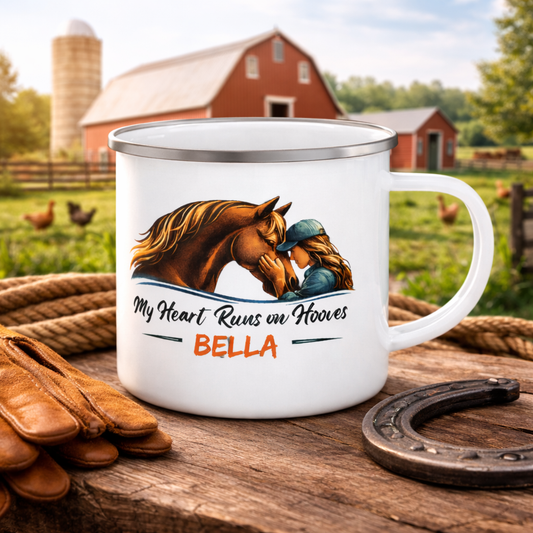 Personalized Enamel Mug | My Heart Runs on Hooves Horse Camping Cup for Woman
