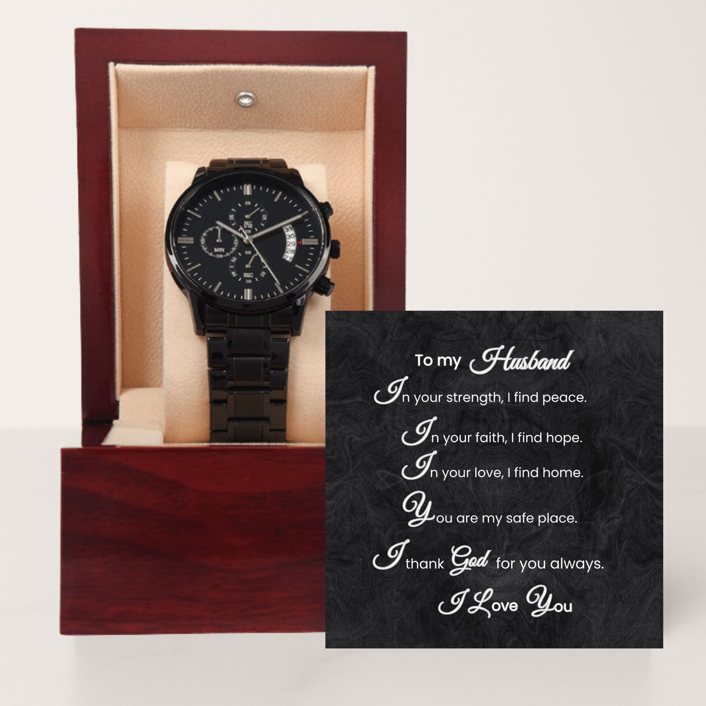 To My Husband Black Chronograph Watch with Faith Message Card Gift