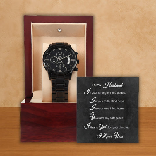 To My Husband Black Chronograph Watch with Faith Message Card Gift
