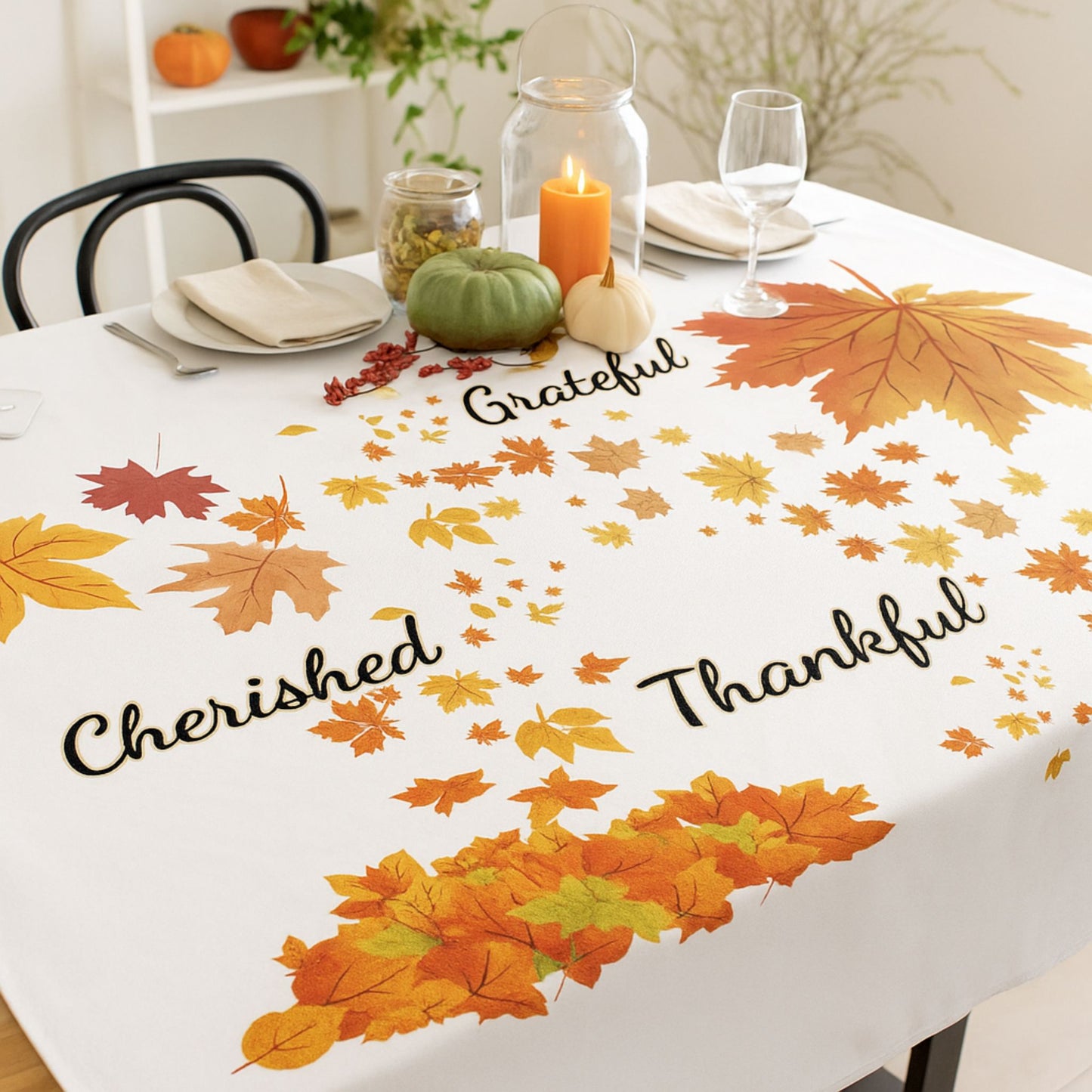 Fall Leaves Tablecloth – Grateful, Blessed, Thankful Thanksgiving Decor