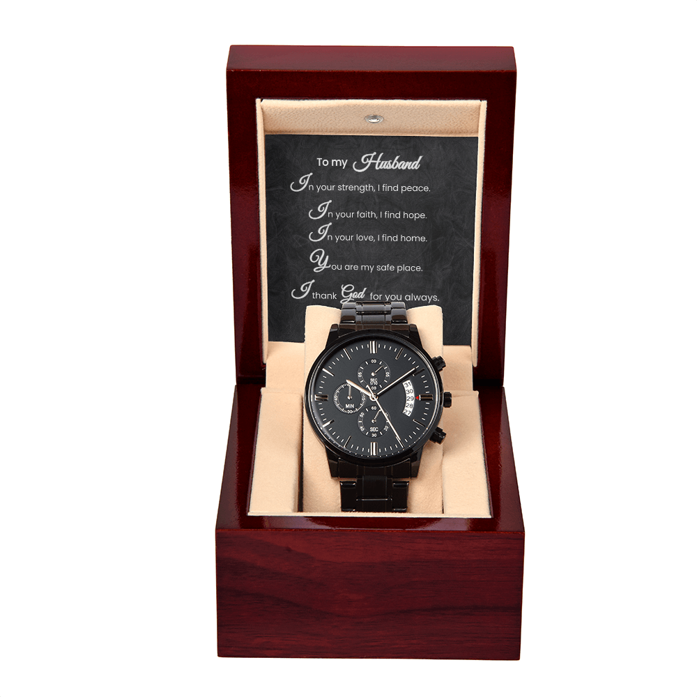 To My Husband Black Chronograph Watch with Faith Message Card Gift