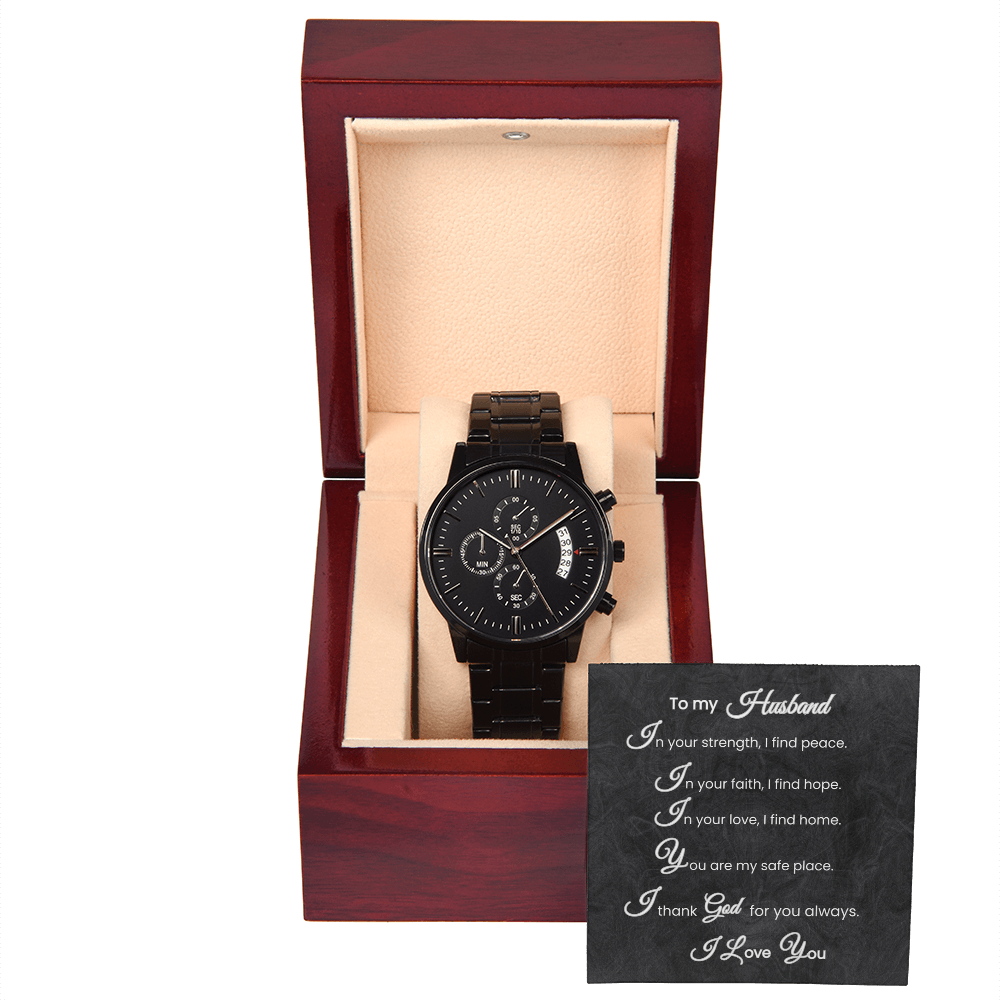 To My Husband Black Chronograph Watch with Faith Message Card Gift