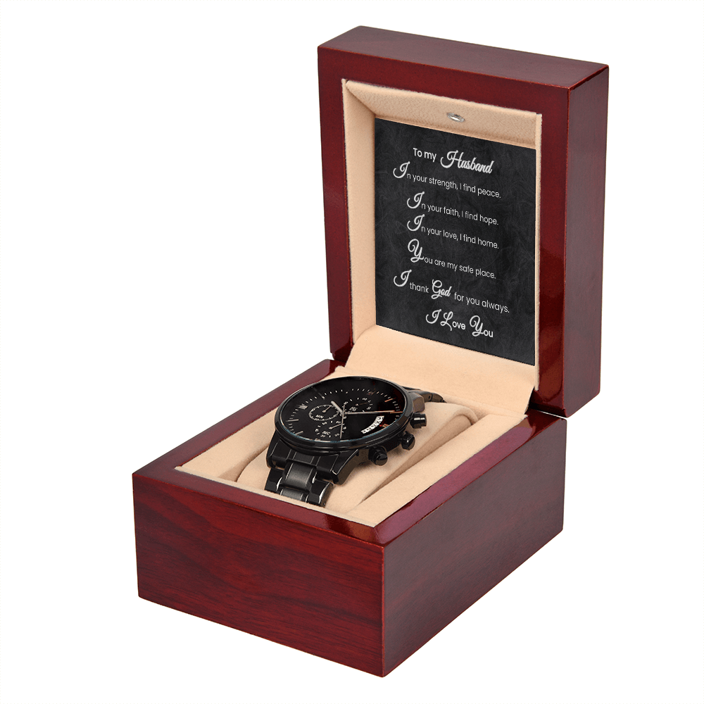 To My Husband Black Chronograph Watch with Faith Message Card Gift