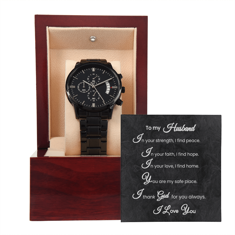 To My Husband Black Chronograph Watch with Faith Message Card Gift
