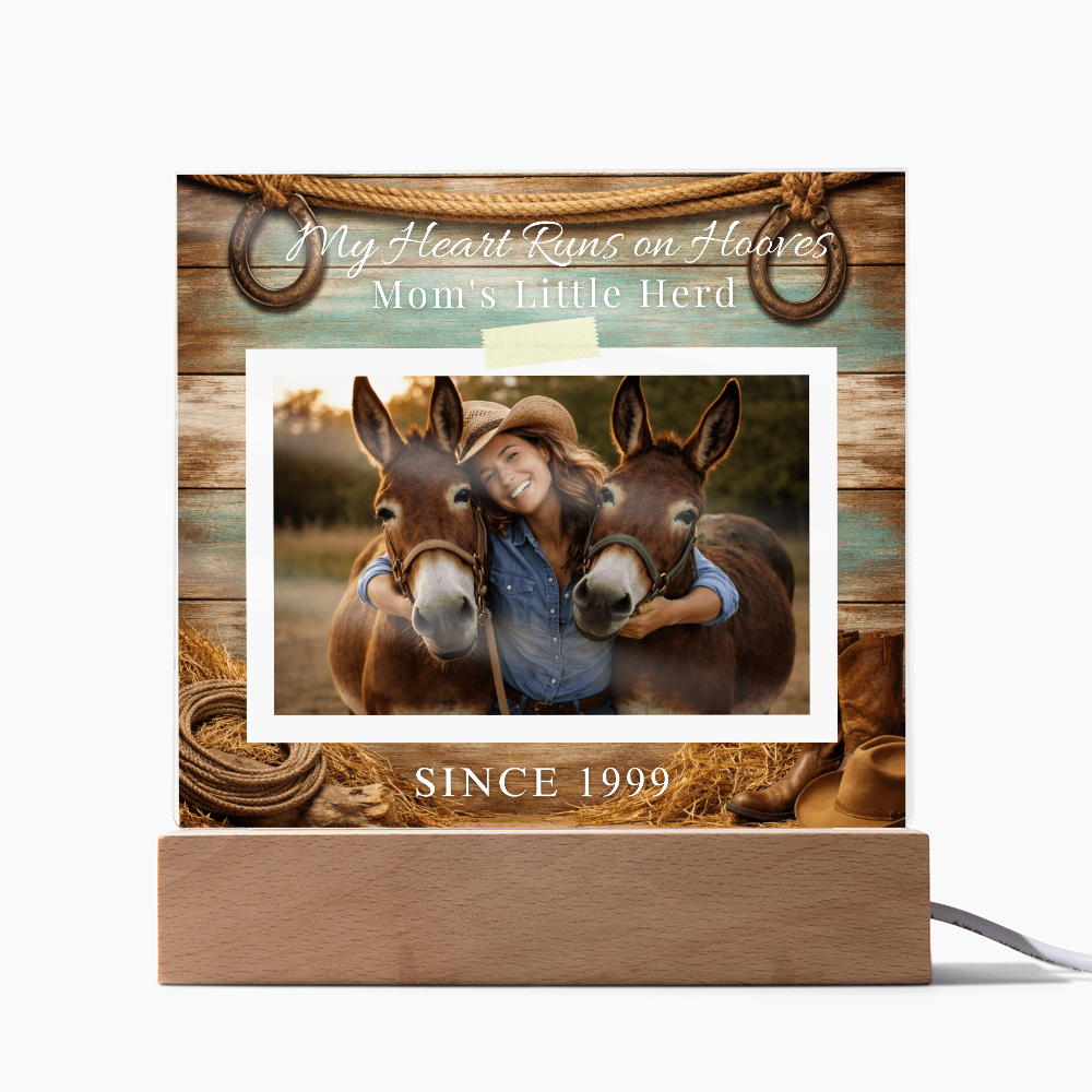 Personalized Mule Mom Photo Square Acrylic Plaque – My Heart Runs on Hooves With Name & Date