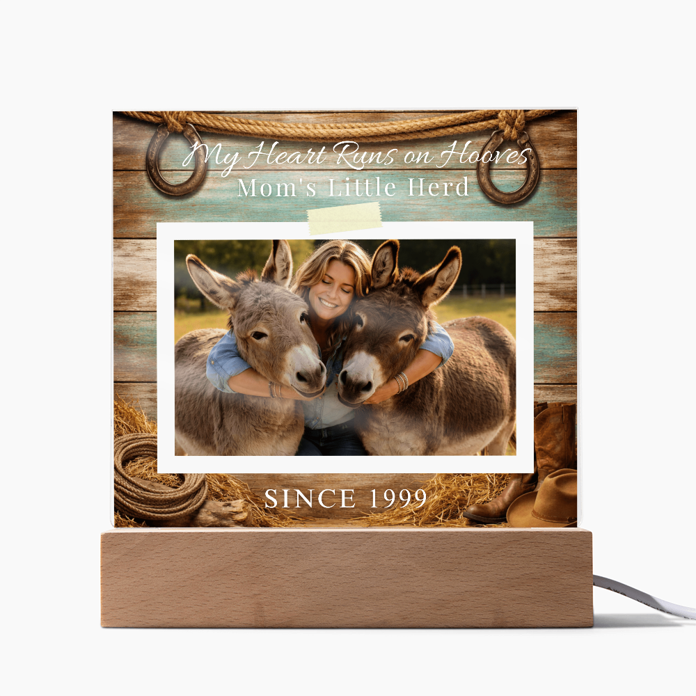 Personalized Donkey Mom Photo Square Acrylic Plaque – My Heart Runs on Hooves With Name & Date