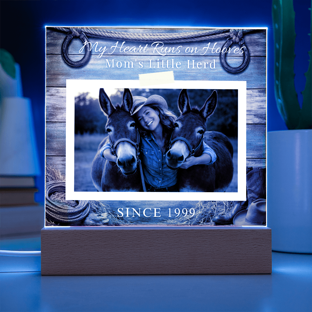 Personalized Mule Mom Photo Square Acrylic Plaque – My Heart Runs on Hooves With Name & Date