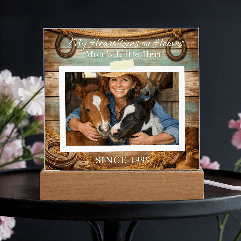 Personalized Horse Mom Photo Plaque – My Heart Runs on Hooves Custom Horse Lover Gift with Name & Date