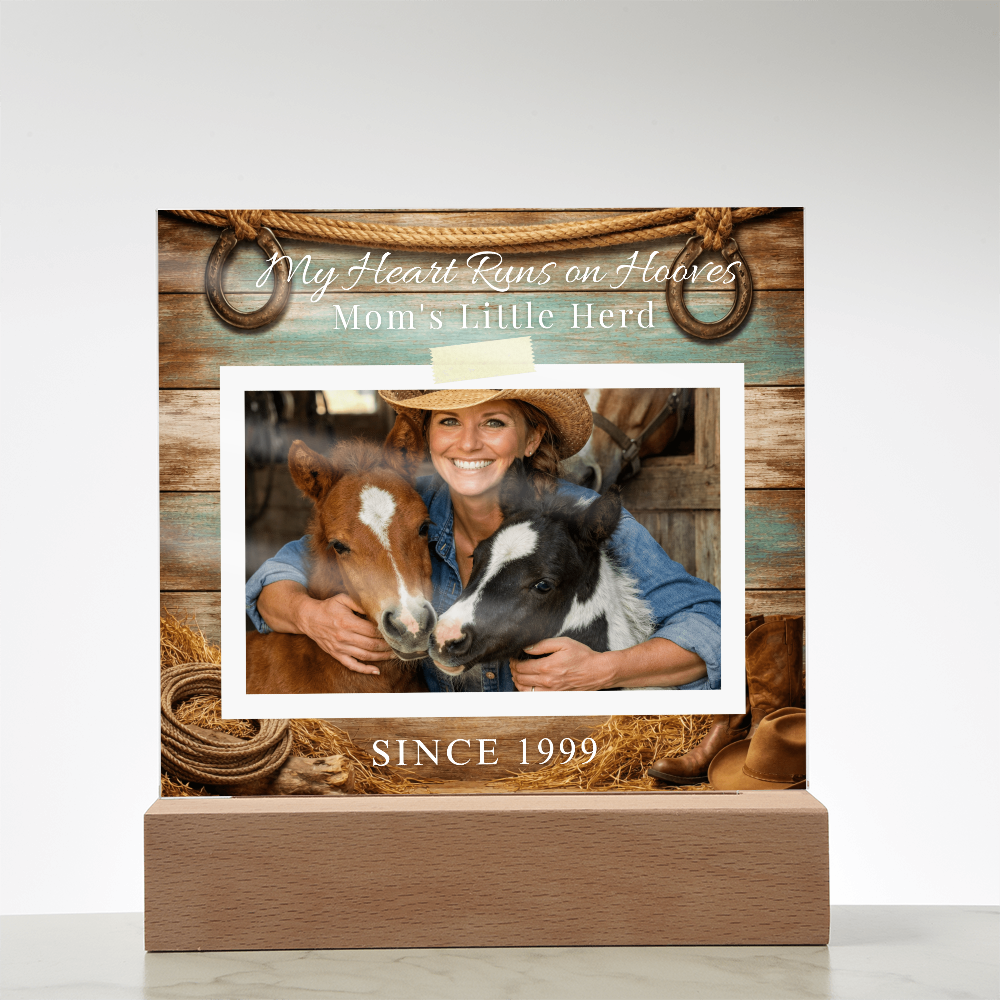 Personalized Horse Mom Photo Plaque – My Heart Runs on Hooves Custom Horse Lover Gift with Name & Date