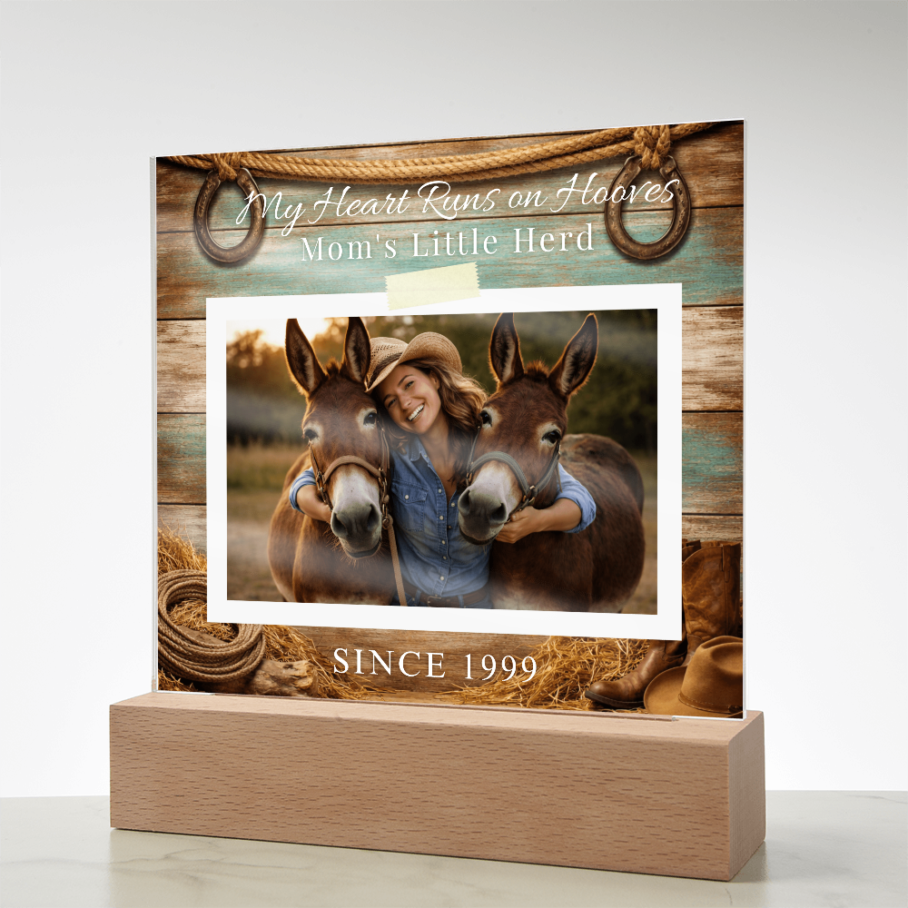 Personalized Mule Mom Photo Square Acrylic Plaque – My Heart Runs on Hooves With Name & Date