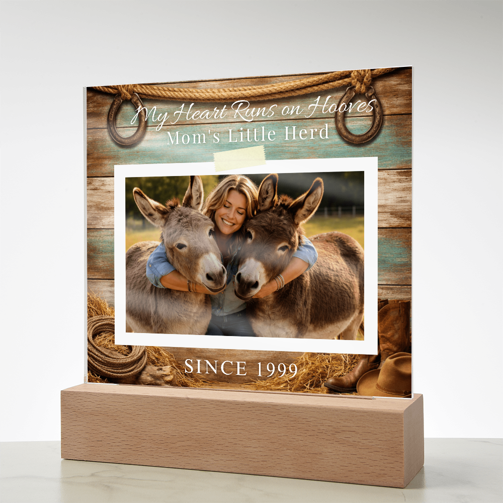 Personalized Donkey Mom Photo Square Acrylic Plaque – My Heart Runs on Hooves With Name & Date