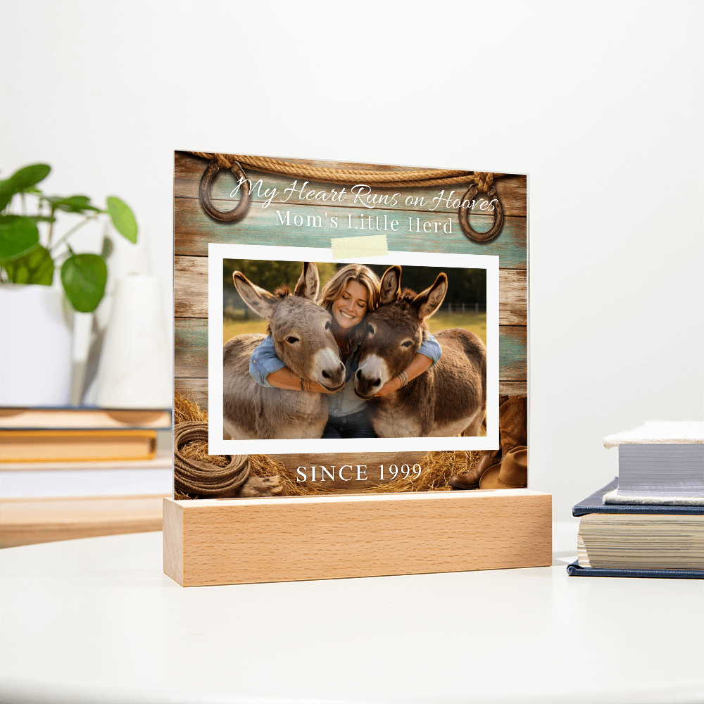 Personalized Donkey Mom Photo Square Acrylic Plaque – My Heart Runs on Hooves With Name & Date