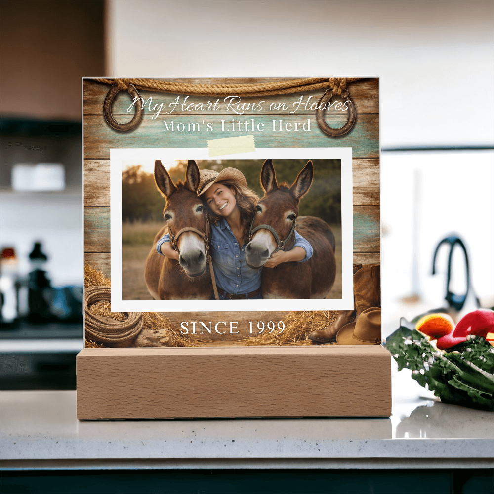 Personalized Mule Mom Photo Square Acrylic Plaque – My Heart Runs on Hooves With Name & Date