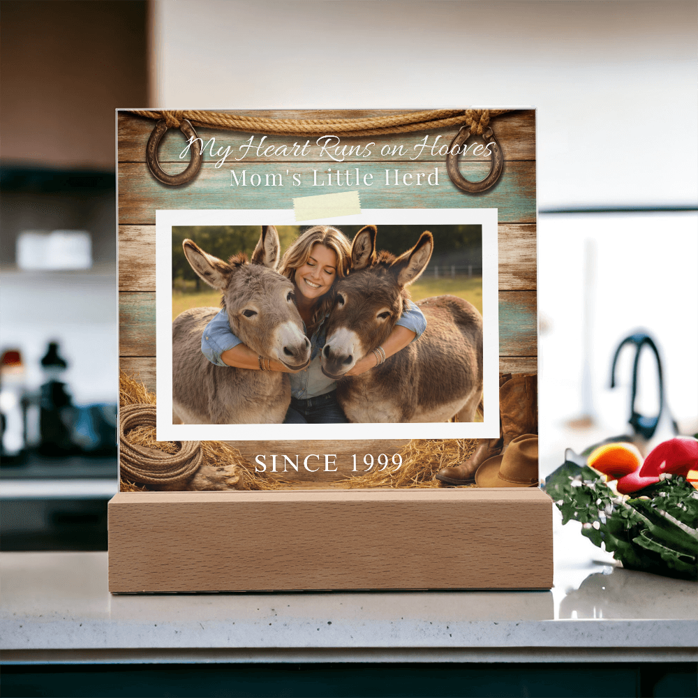 Personalized Donkey Mom Photo Square Acrylic Plaque – My Heart Runs on Hooves With Name & Date