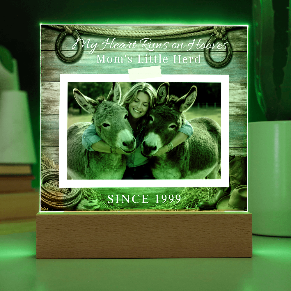 Personalized Donkey Mom Photo Square Acrylic Plaque – My Heart Runs on Hooves With Name & Date