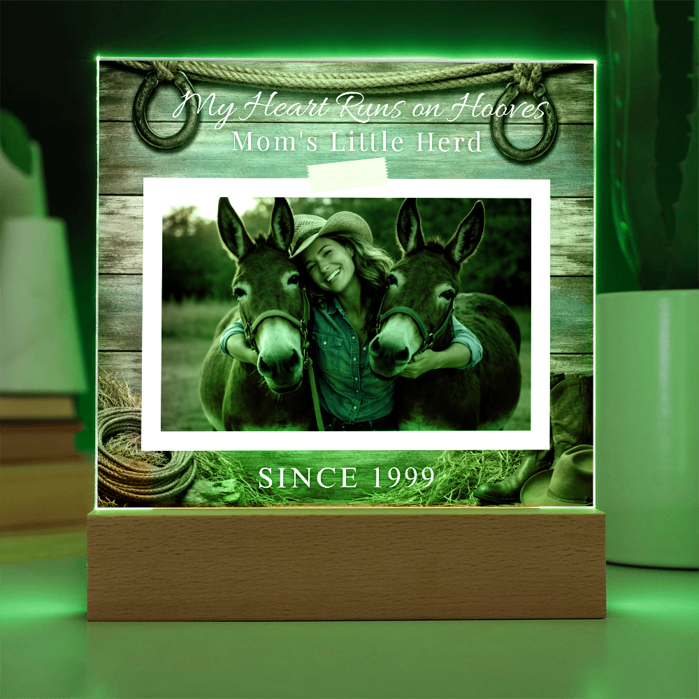 Personalized Mule Mom Photo Square Acrylic Plaque – My Heart Runs on Hooves With Name & Date
