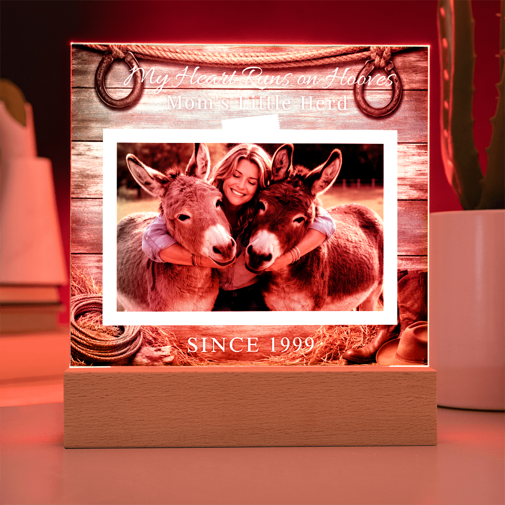 Personalized Donkey Mom Photo Square Acrylic Plaque – My Heart Runs on Hooves With Name & Date