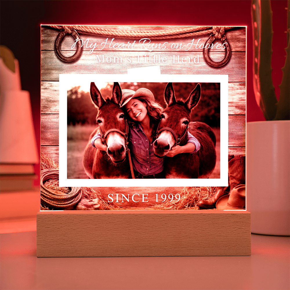 Personalized Mule Mom Photo Square Acrylic Plaque – My Heart Runs on Hooves With Name & Date