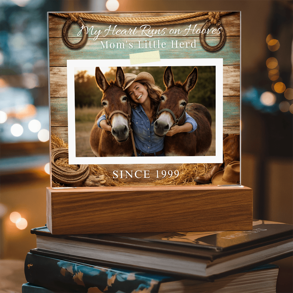 Personalized Mule Mom Photo Square Acrylic Plaque – My Heart Runs on Hooves With Name & Date