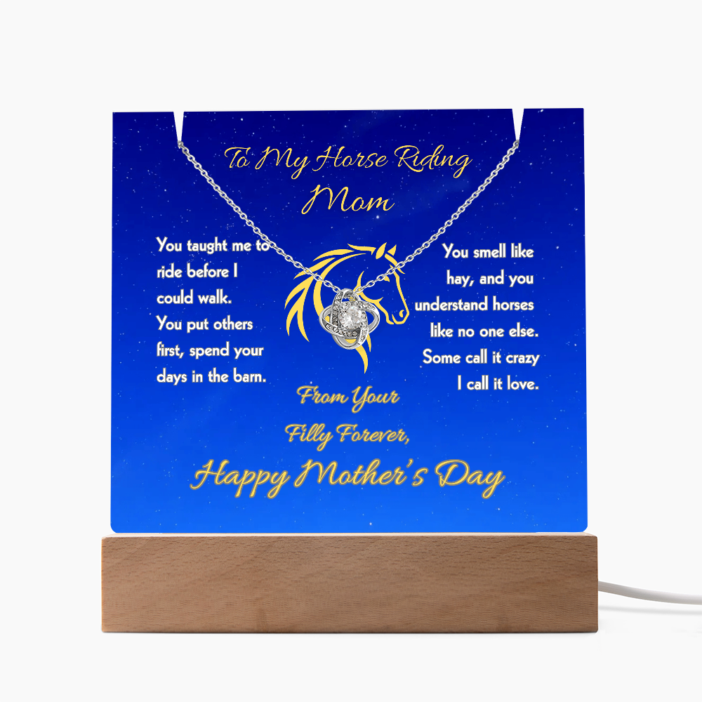Horse Mom Love Knot Necklace with Message Plaque Mother's Day