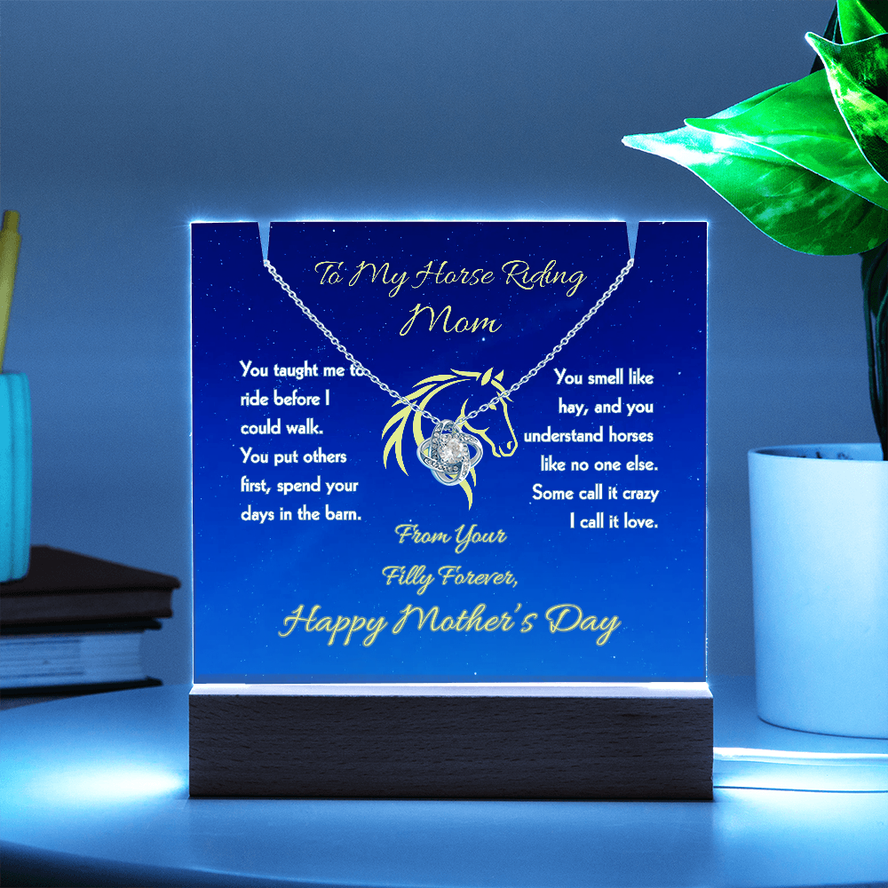 Horse Mom Love Knot Necklace with Message Plaque Mother's Day