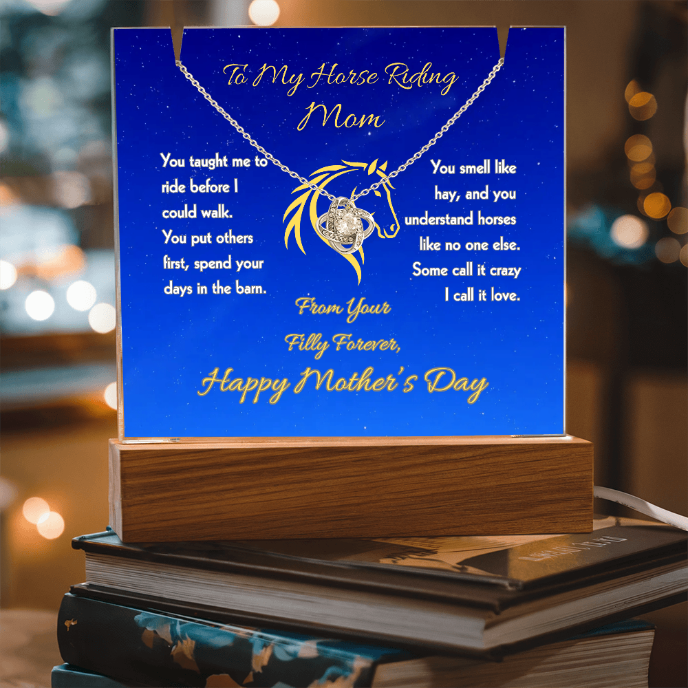Horse Mom Love Knot Necklace with Message Plaque Mother's Day