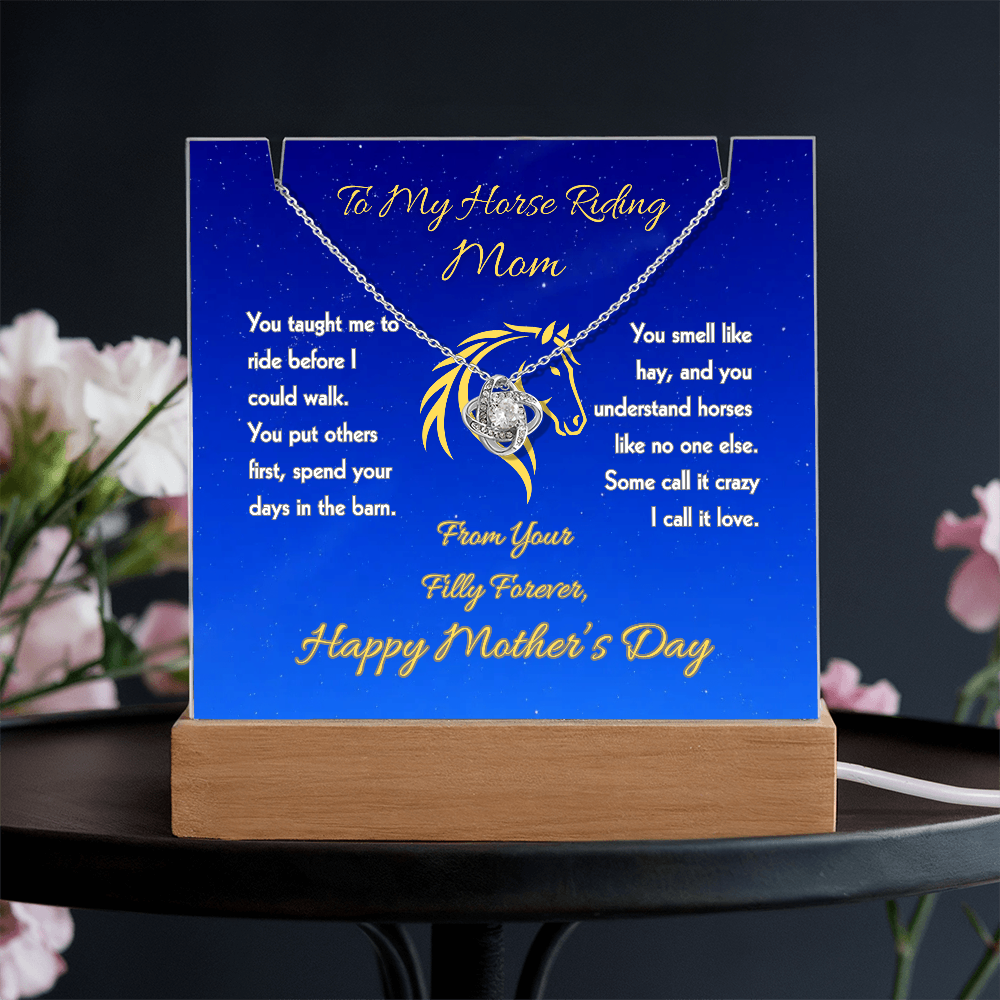 Horse Mom Love Knot Necklace with Message Plaque Mother's Day
