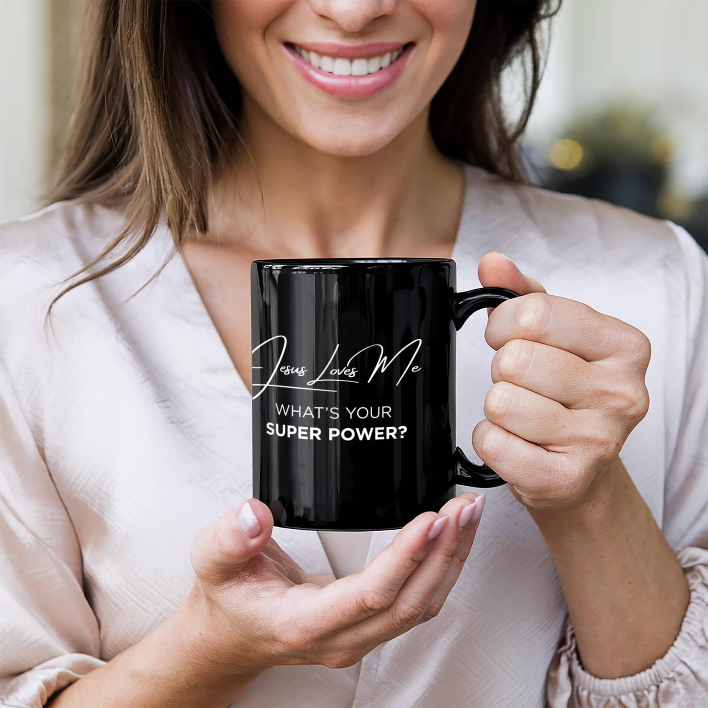 Jesus Loves Me Black Coffee Mug – What’s Your Super Power Cup