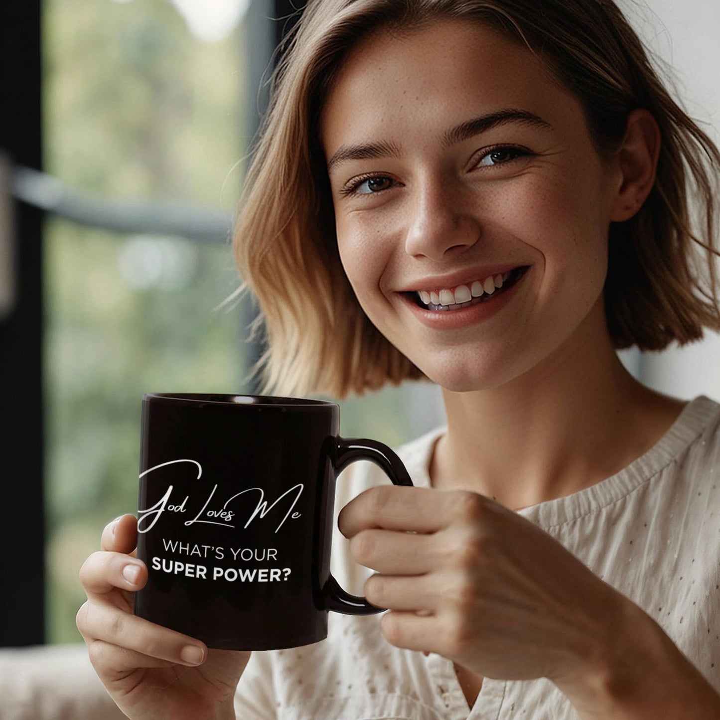 God Loves Me Mug – What’s Your Super Power Black Ceramic Coffee Mug