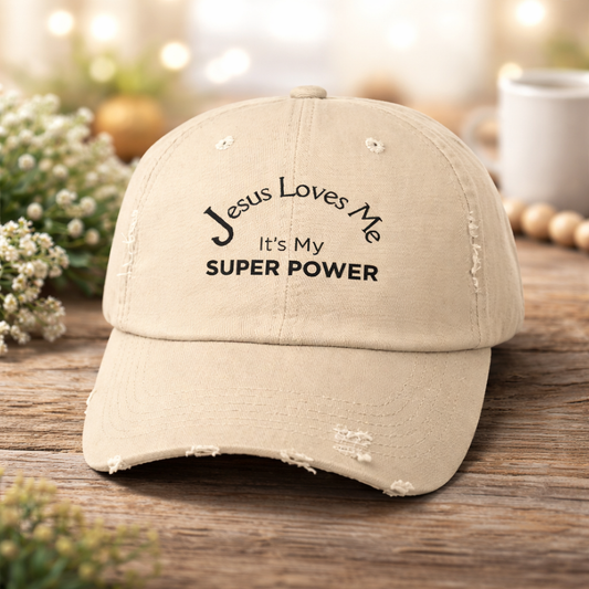 Jesus Loves Me Is My Super Power Distressed Christian Baseball Cap