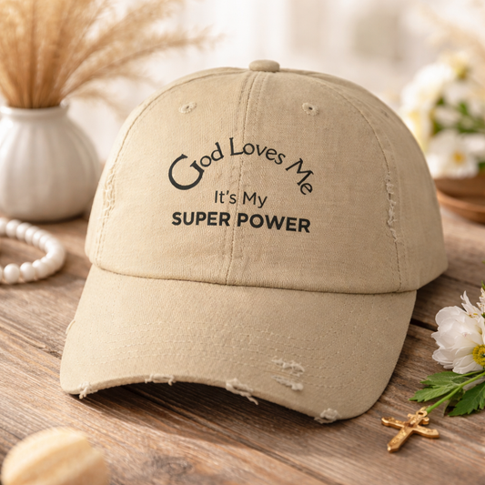 God Loves Me Super Power Cap – Distressed Christian Baseball Hat