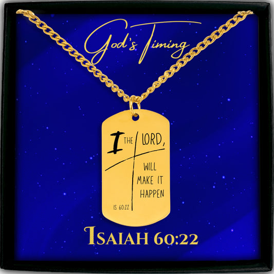 Gold-Plated Dog Tag Christian Pendant, Isaiah 60 22 "In God's Time"Inspirational Bible Verse Jewelry for Men, Faith Gift, Religious Keepsake