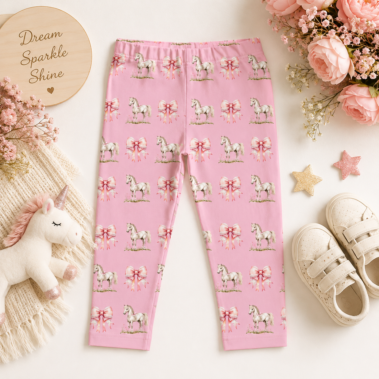 Pink Pony & Pink Lace Bow Kids Leggings | Floral All-Over Print Stretch Pants