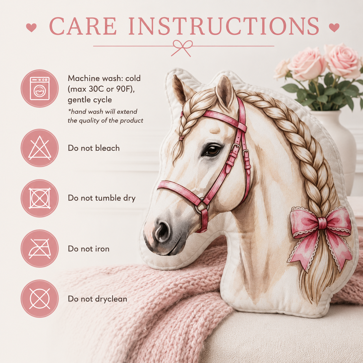 White Braided Horse Shaped Pillow with Pink Bow | Girls Equestrian Decor