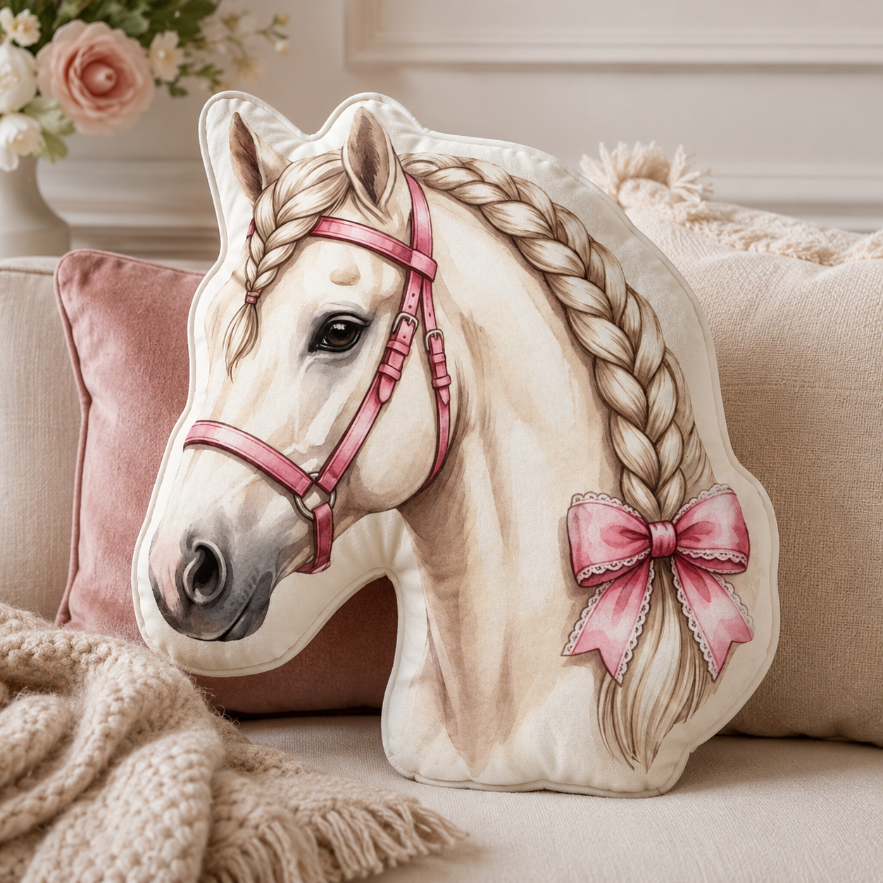 White Braided Horse Shaped Pillow with Pink Bow | Girls Equestrian Decor