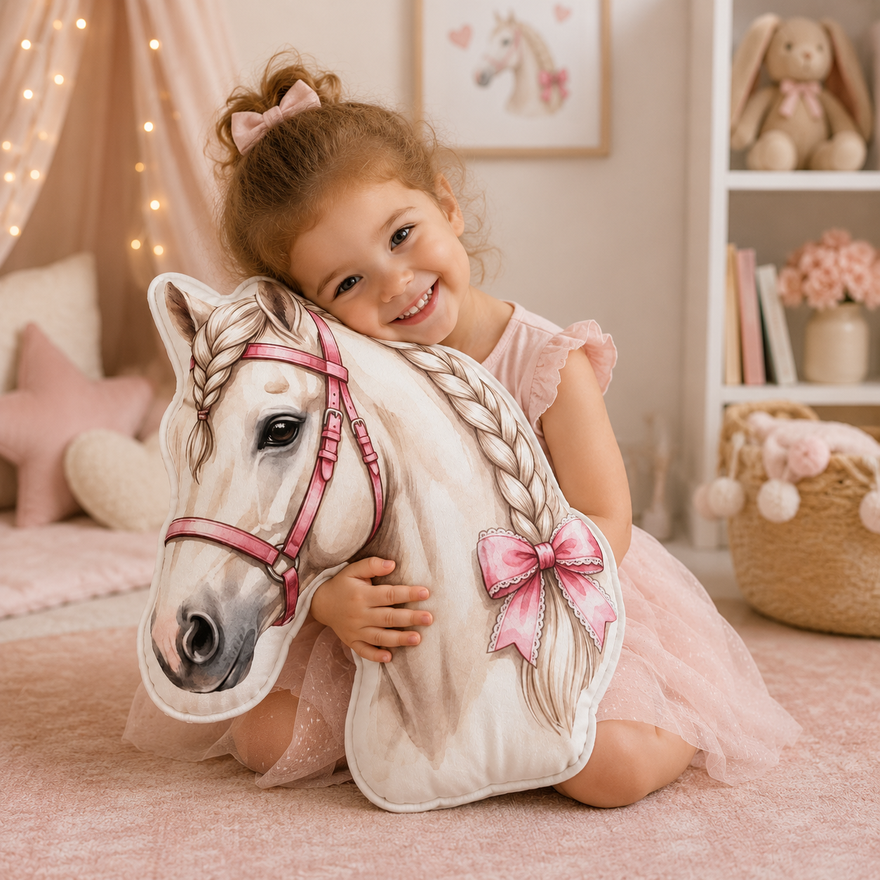 White Braided Horse Shaped Pillow with Pink Bow | Girls Equestrian Decor