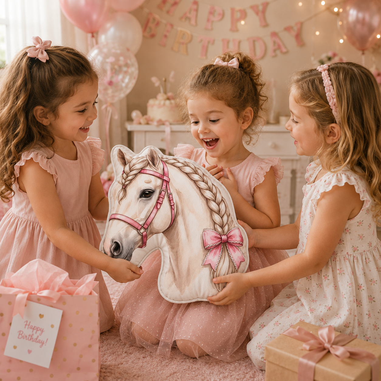 White Braided Horse Shaped Pillow with Pink Bow | Girls Equestrian Decor