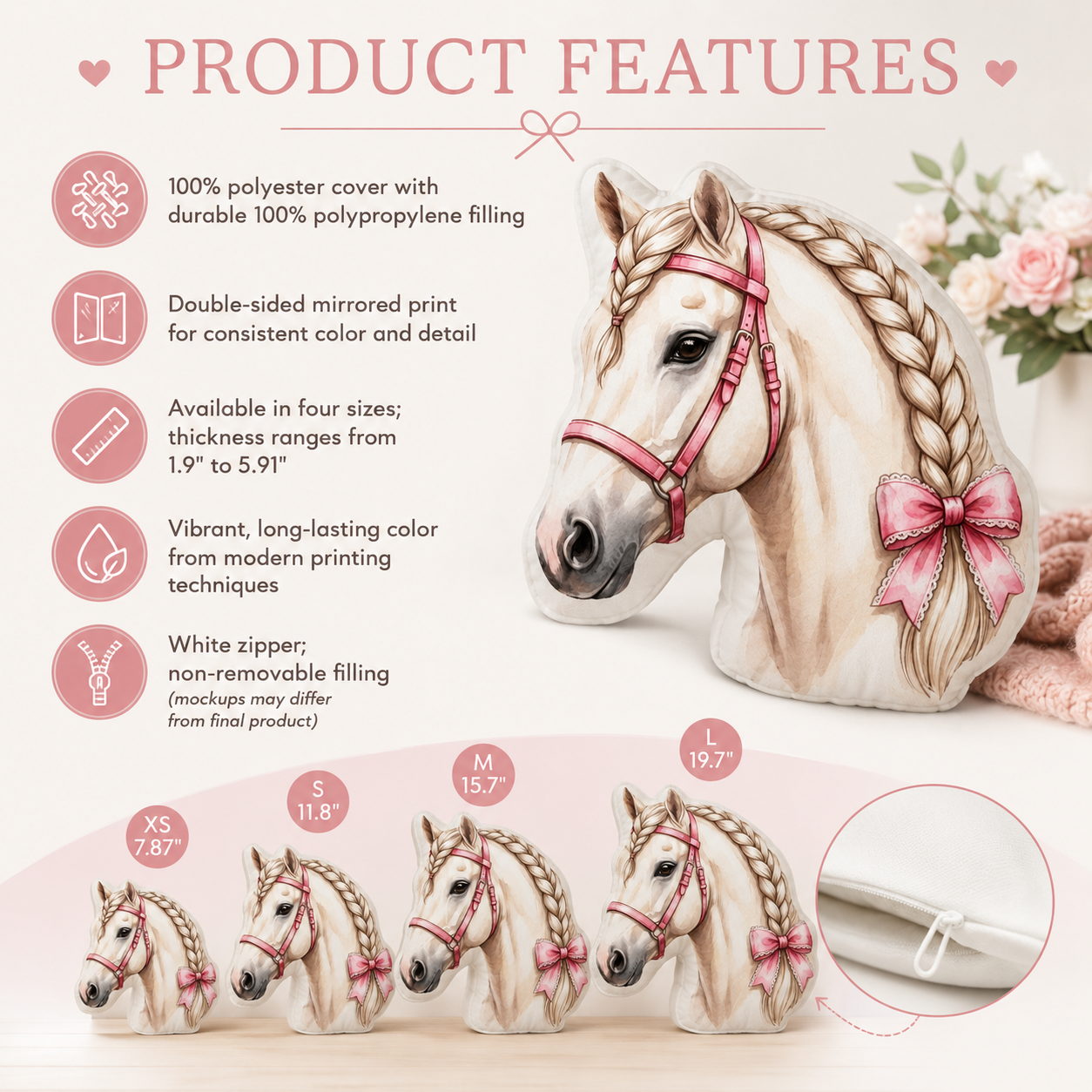 White Braided Horse Shaped Pillow with Pink Bow | Girls Equestrian Decor