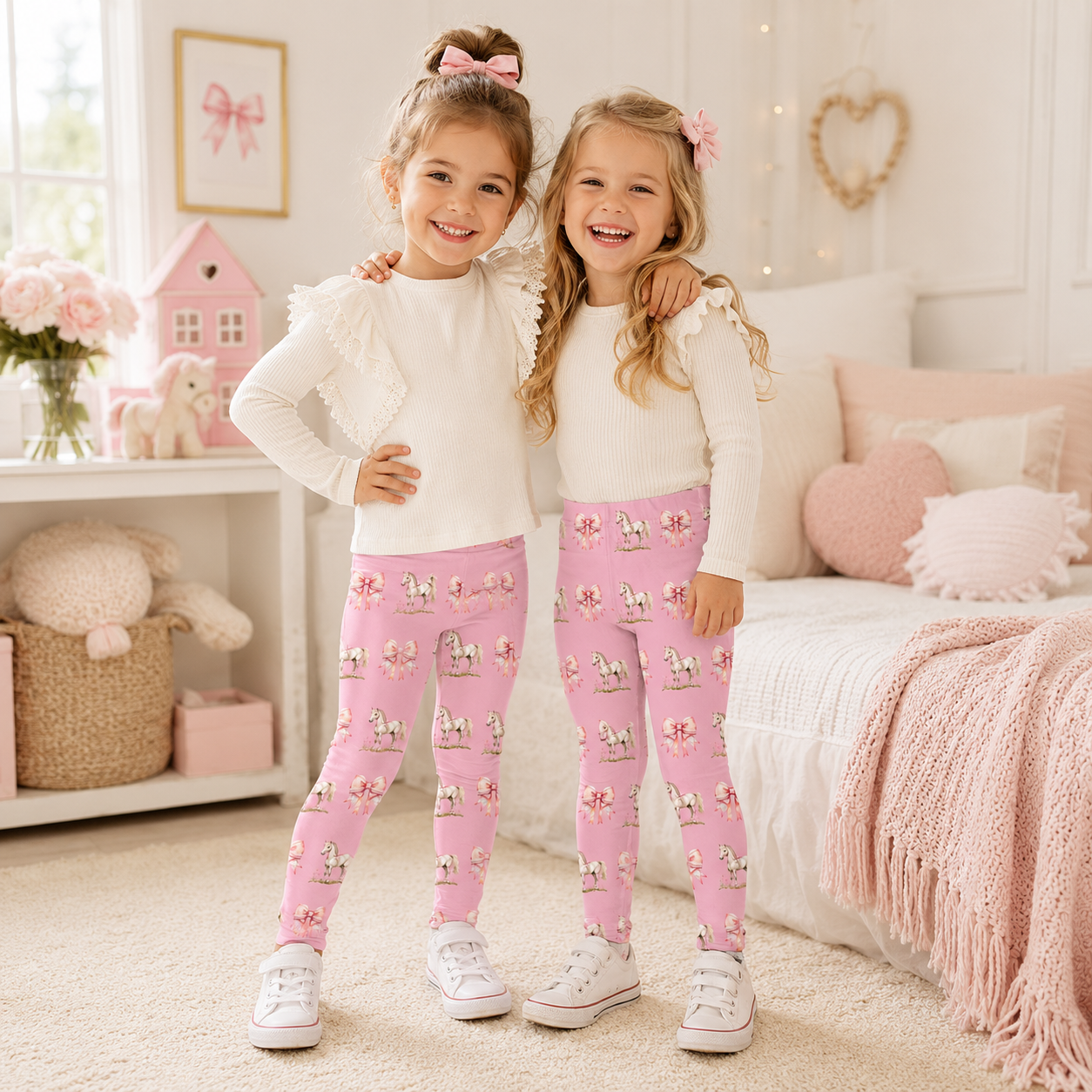 Pink Pony & Pink Lace Bow Kids Leggings | Floral All-Over Print Stretch Pants