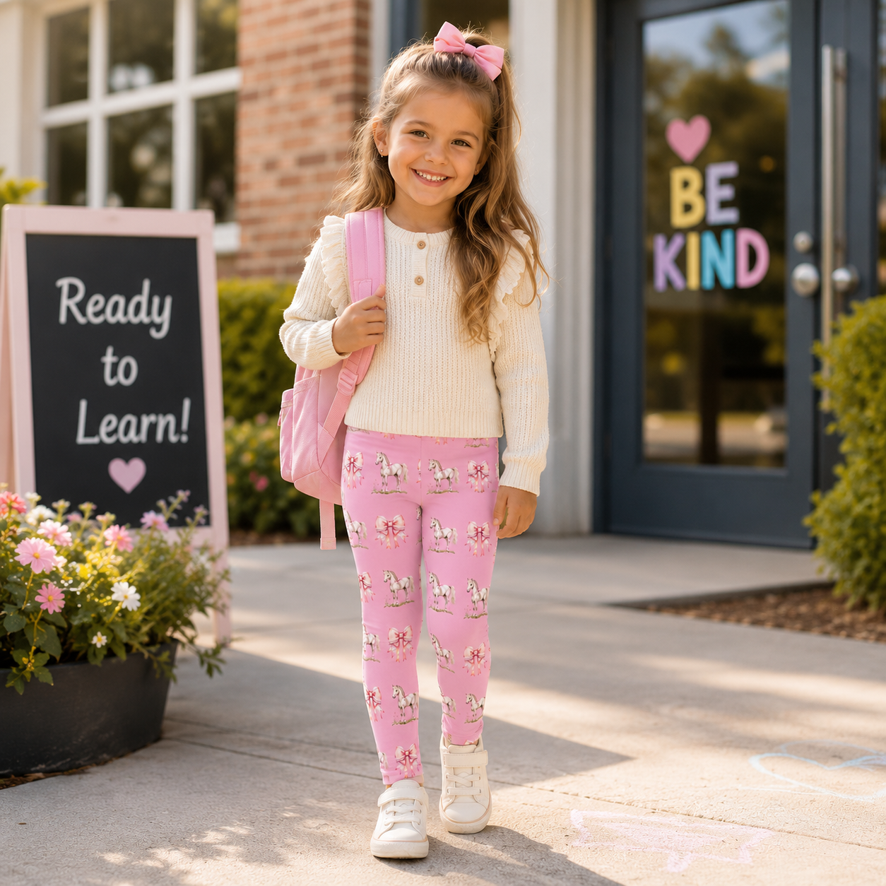 Pink Pony & Pink Lace Bow Kids Leggings | Floral All-Over Print Stretch Pants