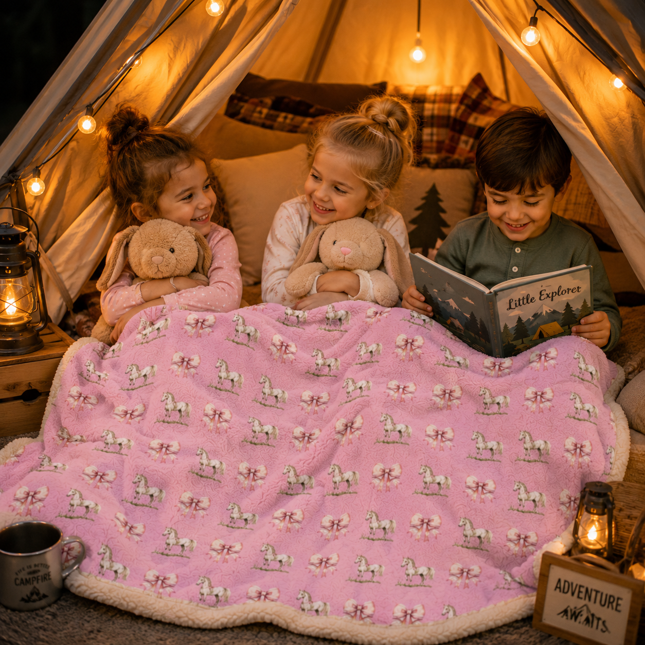 Cute Pink Bunny Pattern Plush Velveteen Blanket | Cozy Nursery Throw