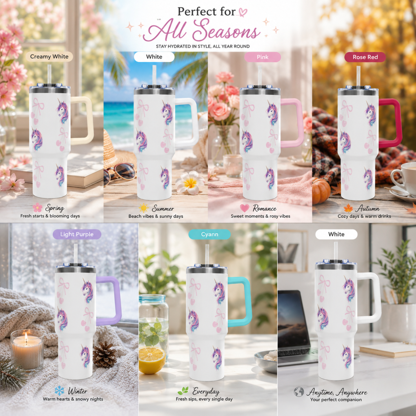 40oz Unicorn Pattern Vacuum Tumbler with Straw | Magical Pastel Travel Mug