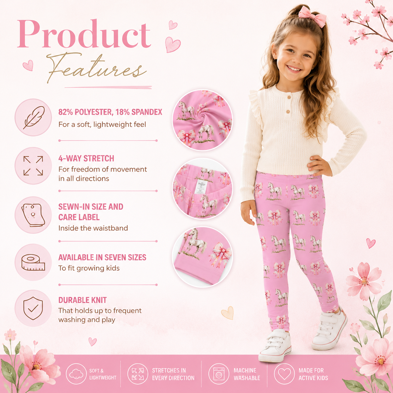 Pink Pony & Pink Lace Bow Kids Leggings | Floral All-Over Print Stretch Pants