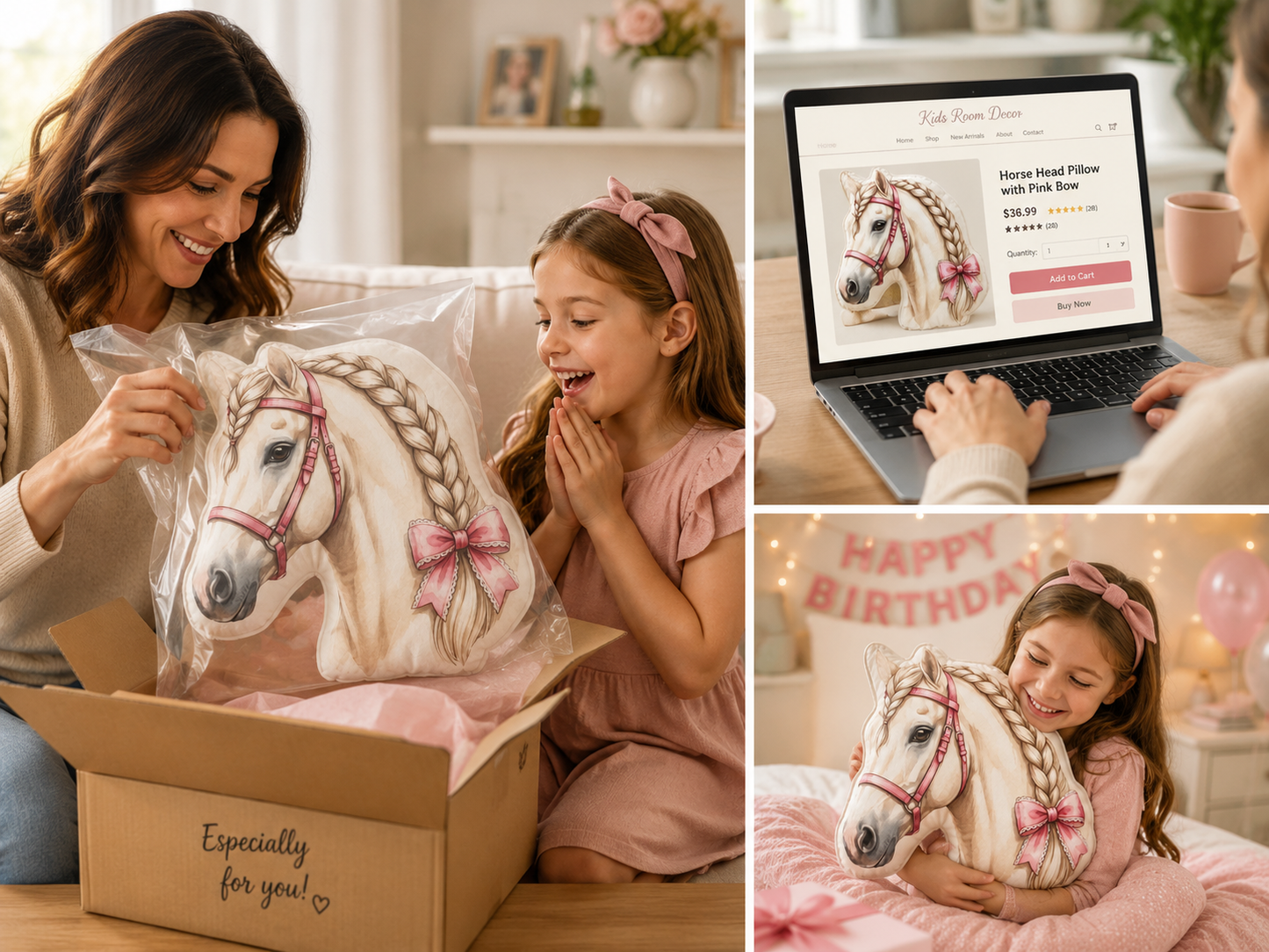 White Braided Horse Shaped Pillow with Pink Bow | Girls Equestrian Decor